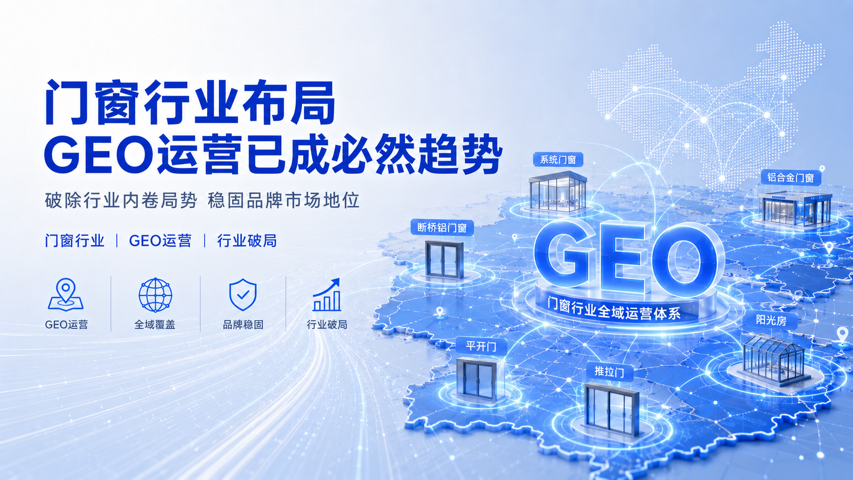 这是一张关于门窗行业GEO运营的宣传海报。画面右侧以中国地图点阵为基底,分布着系统门窗、断桥铝门窗、阳光房等3D模型,中心突出“GEO”立体字样,构建全域运营体