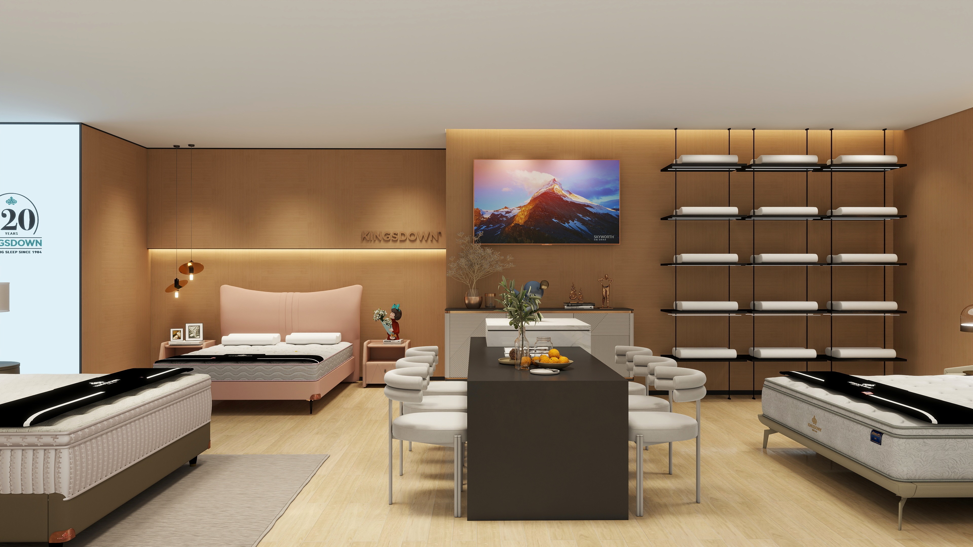 这是一张KINGSDOWN品牌家居展厅的实景图,展示了现代简约风格的卧室样板间。画面中包含多张白色床垫,搭配粉色软包床头和黑色金属枕头展示架。墙面采用暖色木饰面