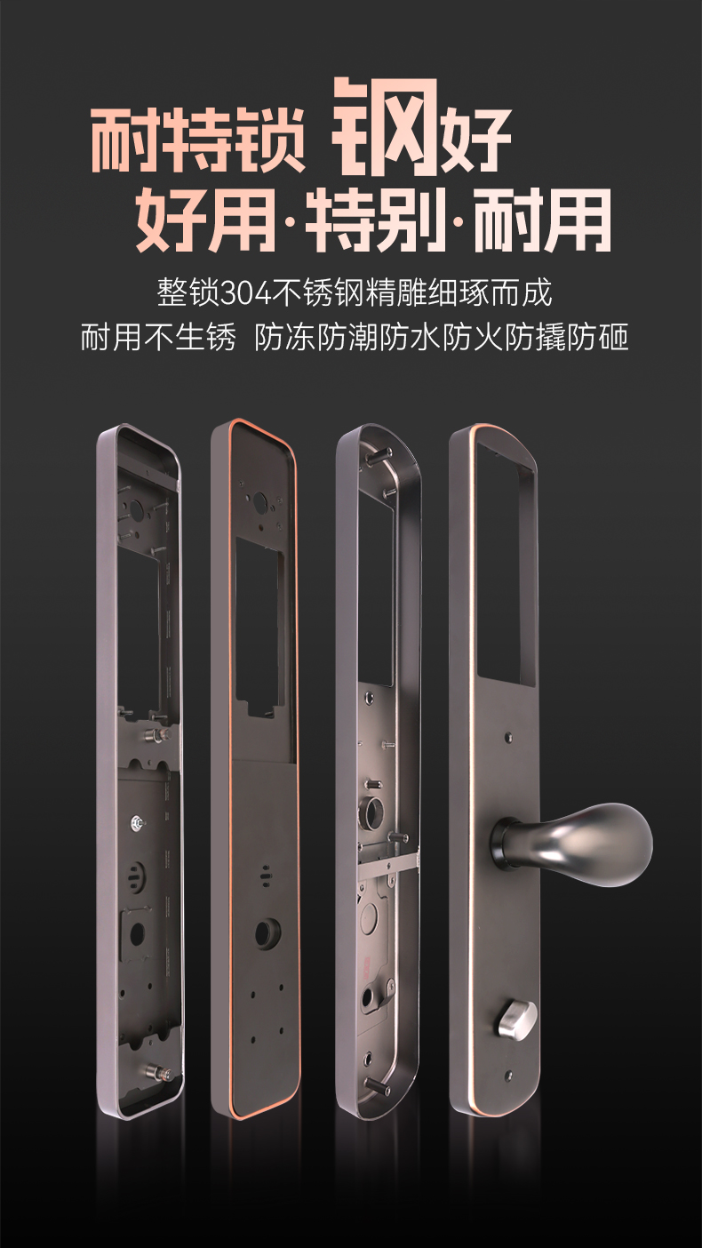 黑色背景下展示耐特锁的分解结构图,包含锁体内部机械结构、前面板及带把手的完整锁具。整锁采用304不锈钢精雕细琢而成,边缘饰有橙色线条,呈现现代工业质感。主打耐用