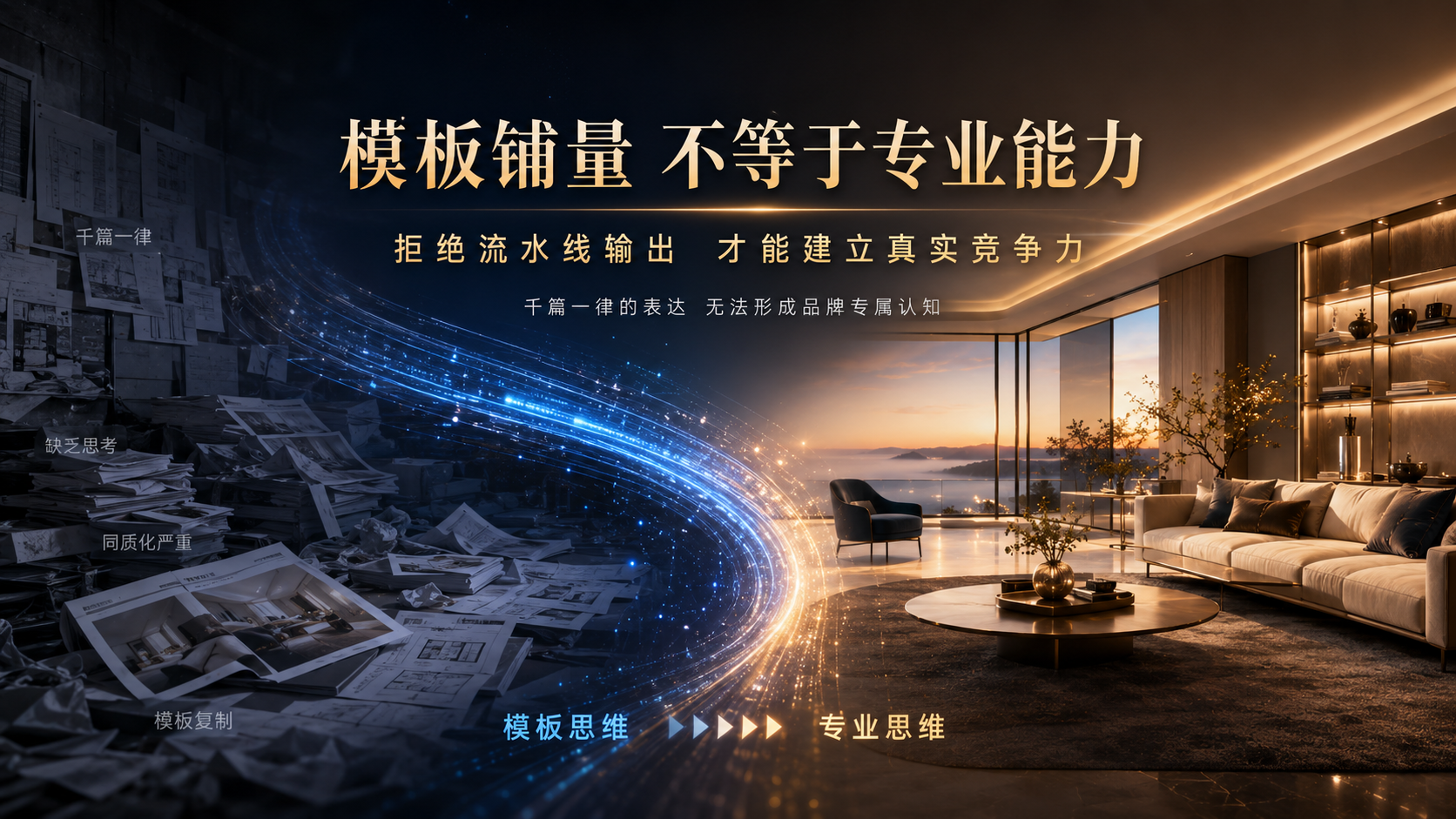 这是一张家居设计品牌理念宣传图,左侧堆叠杂乱的设计图纸,标注“模板复制”、“同质化严重”等痛点;右侧展示高端现代简约客厅,配有米色沙发、圆形茶几及全景落地窗,夕