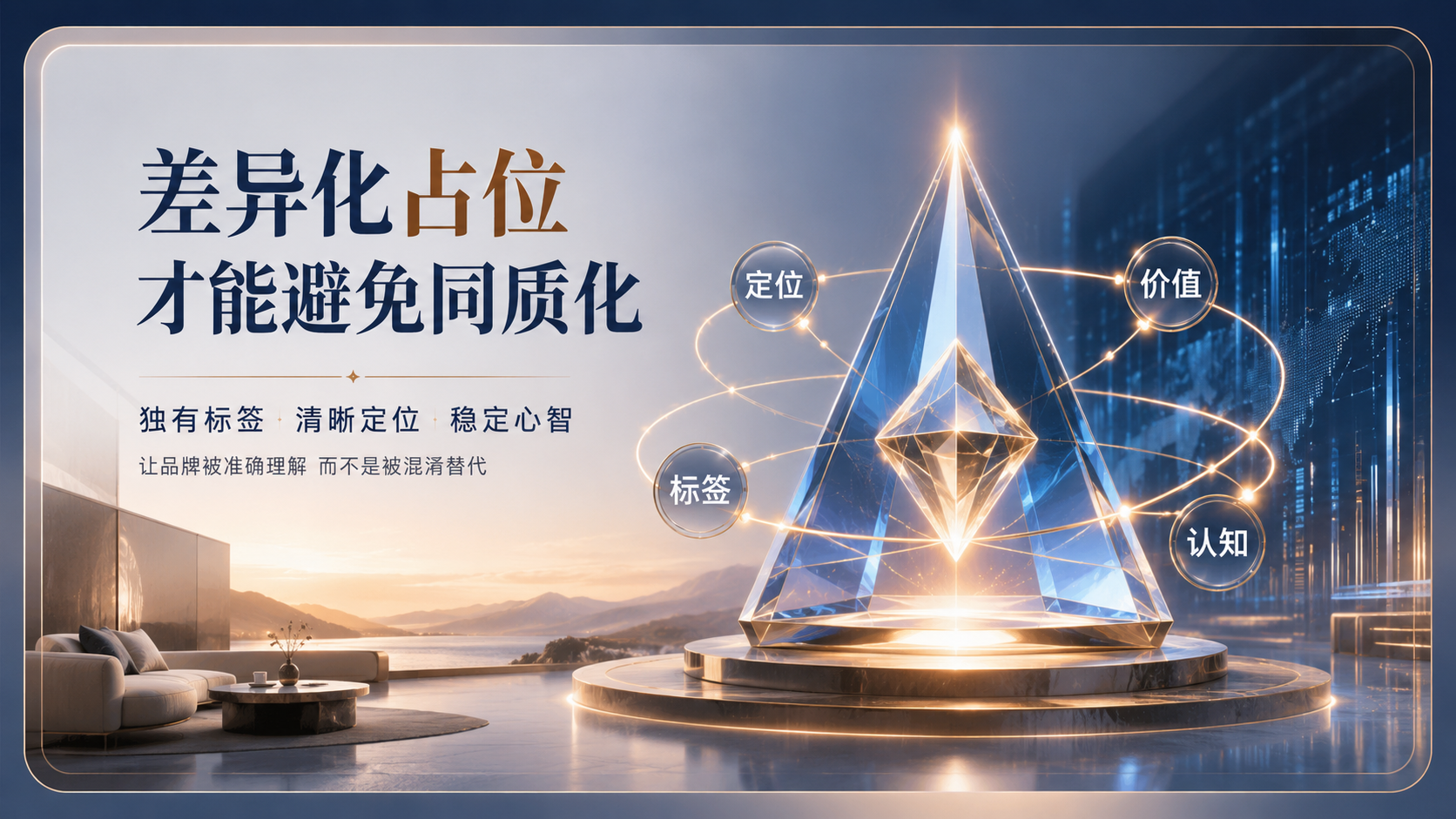 这是一张品牌营销概念海报,左侧展示现代简约客厅与海景,右侧为核心视觉——悬浮的蓝色水晶金字塔与金色宝石,环绕“定位、价值、标签、认知”要素。画面强调“差异化占位