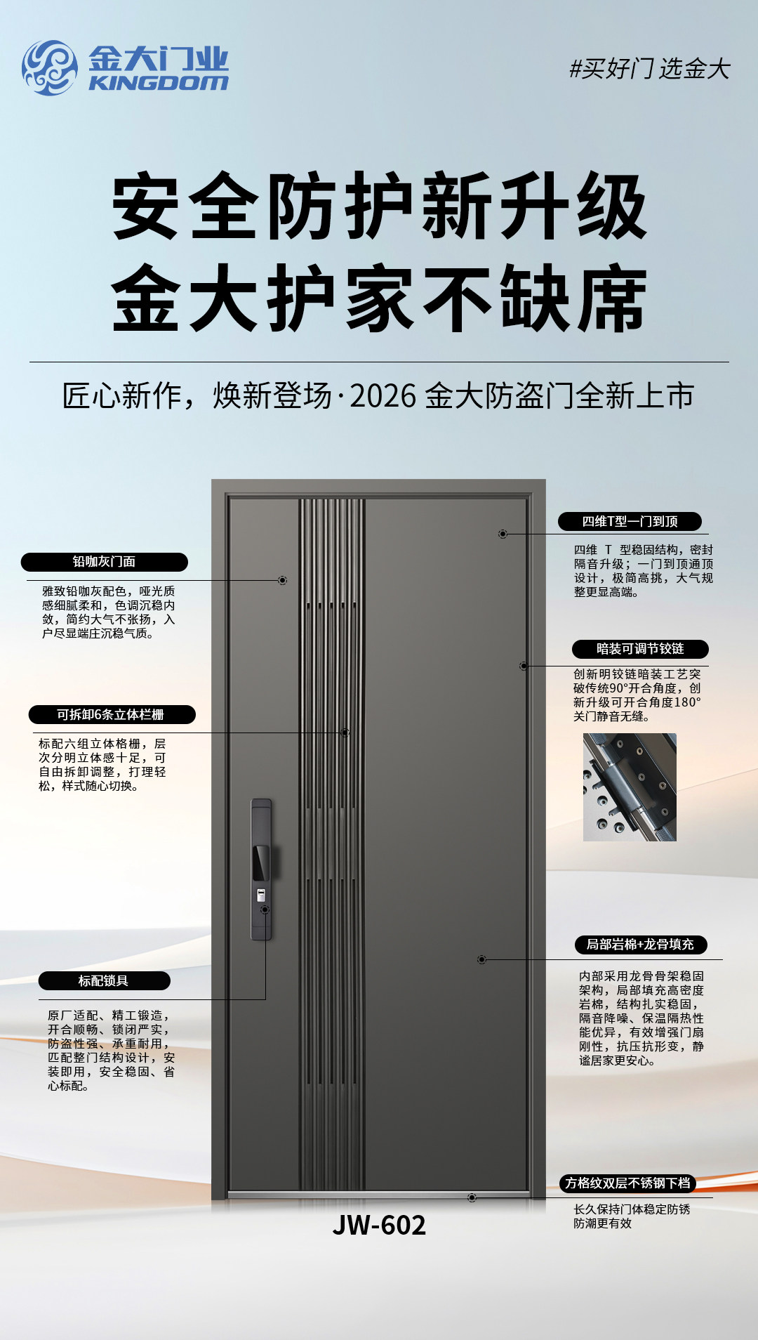 2026金大防盗门全新上市海报，展示铅咖灰哑光质感防盗门。采用四维T型一门到顶设计，搭配可拆卸6条立体栏栅与暗装可调节铰链，实现180度静音开启。内部填充局部岩