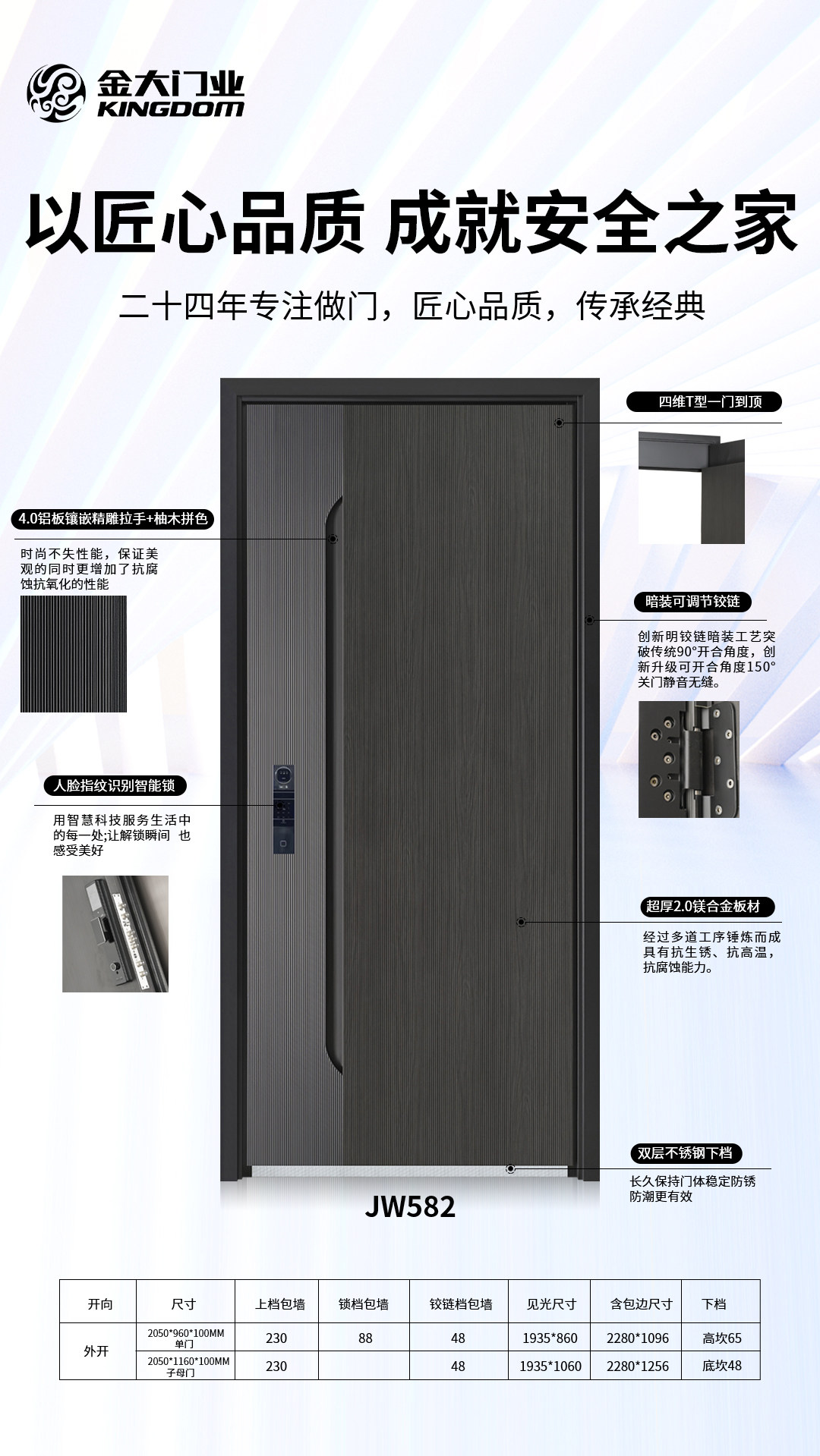 这张海报展示了金大门业型号JW582的深灰色入户门。门体采用超厚2.0镁合金板材，抗锈耐高温。设计融合4.0铝板精雕拉手与柚木拼色，时尚抗腐蚀。配备人脸指纹识别