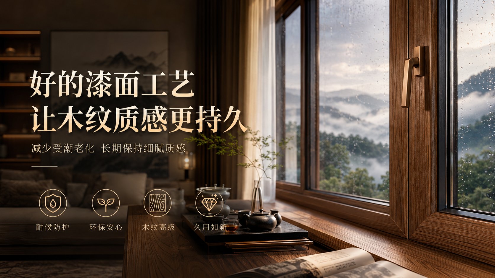 画面展示了一扇深棕色木纹窗户的特写，搭配金属把手，窗外是烟雨山景。窗台上摆放着茶具与书籍，营造出静谧的新中式居家氛围。图片重点宣传“好的漆面工艺让木纹质感更持久