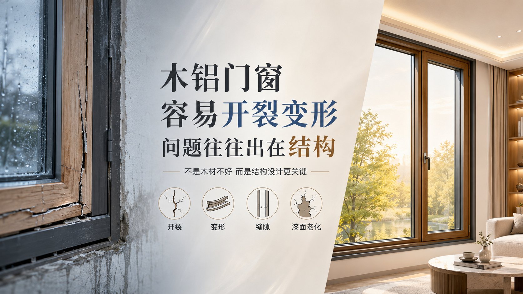 这是一张针对木铝门窗痛点的科普对比图。左侧特写展示了窗框开裂、变形及漆面老化细节，右侧为现代简约客厅中安装完好的木铝门窗。重点解析木材与铝合金结合处的结构问题，