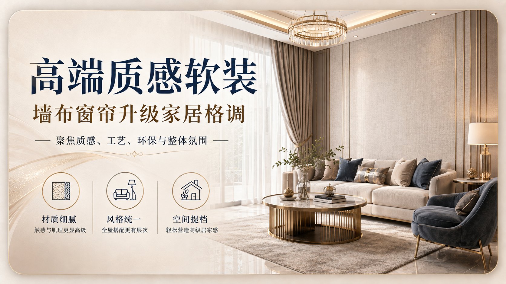 这张图片展示了高端质感软装的客厅场景。背景采用米色墙布搭配竖条纹金属线条，以及同色系的落地窗帘和纱帘，营造出现代轻奢氛围。画面中心摆放着米色布艺沙发、深蓝色单人