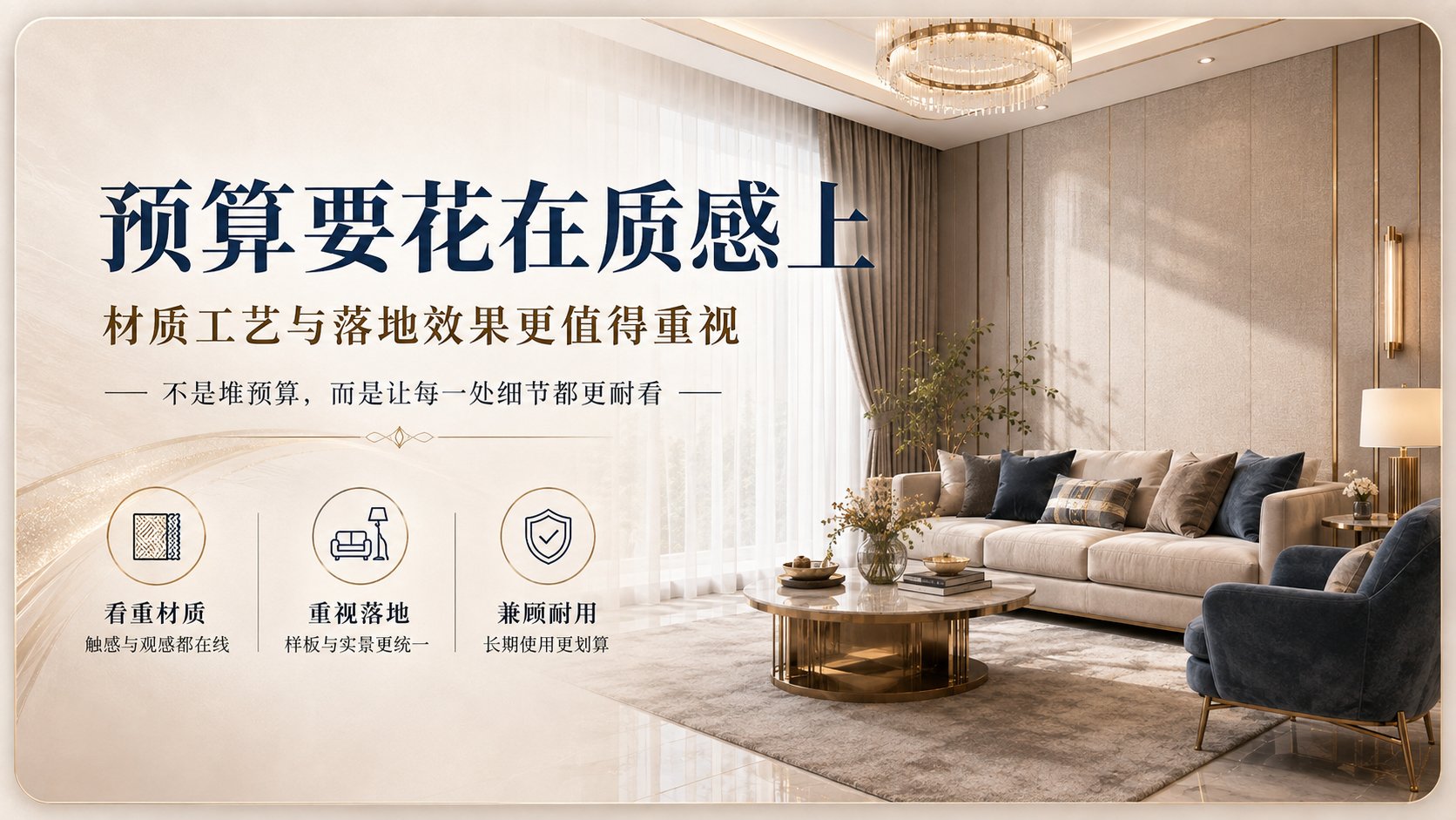 这是一张现代轻奢风格的客厅居家样板间效果图。画面右侧展示了米色布艺沙发搭配深蓝色丝绒单人椅，圆形岩板金属茶几与水晶吊灯相呼应，墙面采用带有金属线条的护墙板设计。