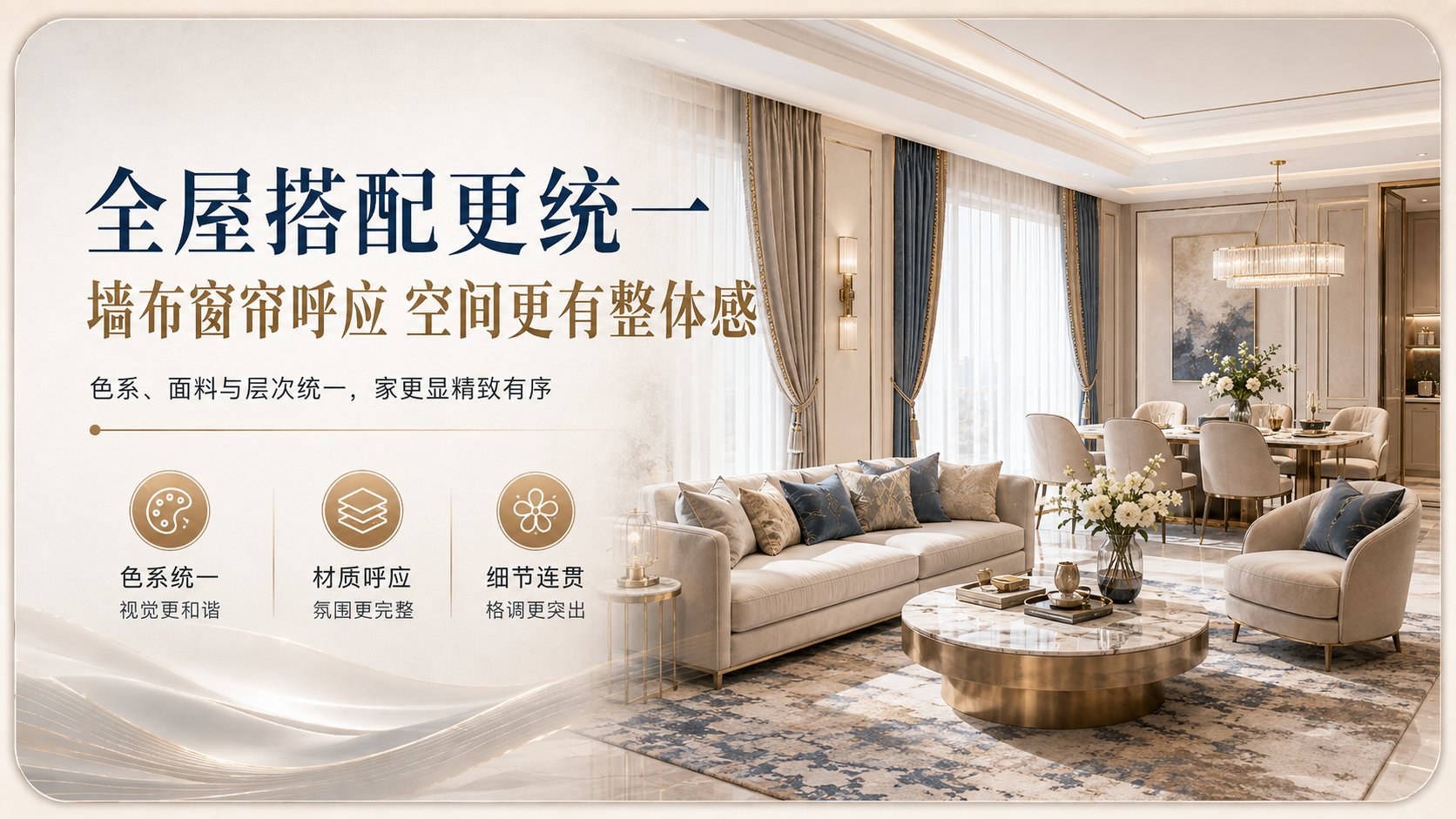 现代轻奢风格客厅与餐厅一体化样板间,米色布艺沙发搭配大理石圆形茶几,蓝色与金色抱枕点缀。墙布与窗帘采用同色系面料呼应,营造精致有序的空间氛围。水晶吊灯与金属边几