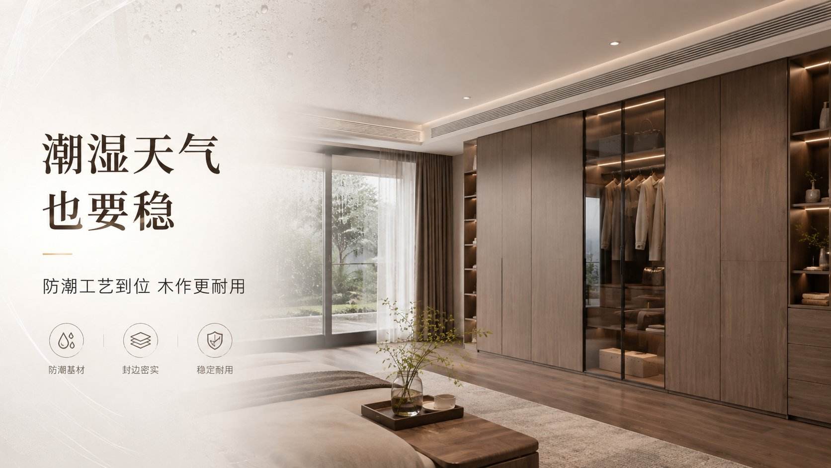 这是一张展示现代简约风格卧室的效果图，核心主体为整墙定制衣柜。衣柜采用深胡桃木色板材，结合透明玻璃柜门与内置暖色灯带，兼具收纳与展示功能。画面左侧叠加“潮湿天气