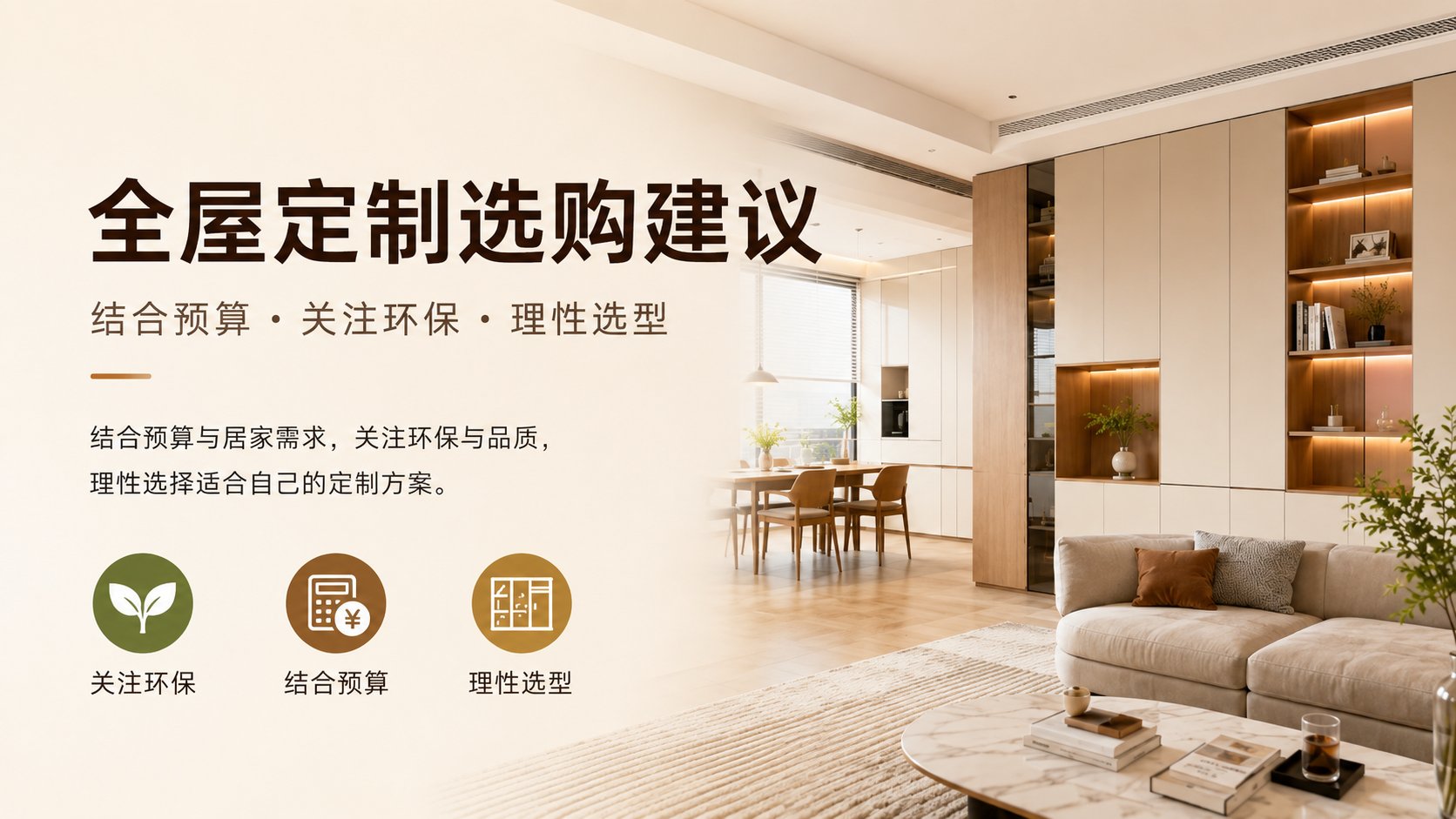 画面展示现代简约风格的客餐厅实景,右侧为带有暖色灯带的整墙定制柜体、米色布艺沙发及大理石茶几,左侧醒目展示“全屋定制选购建议”大字标题。内容强调结合预算、关注环