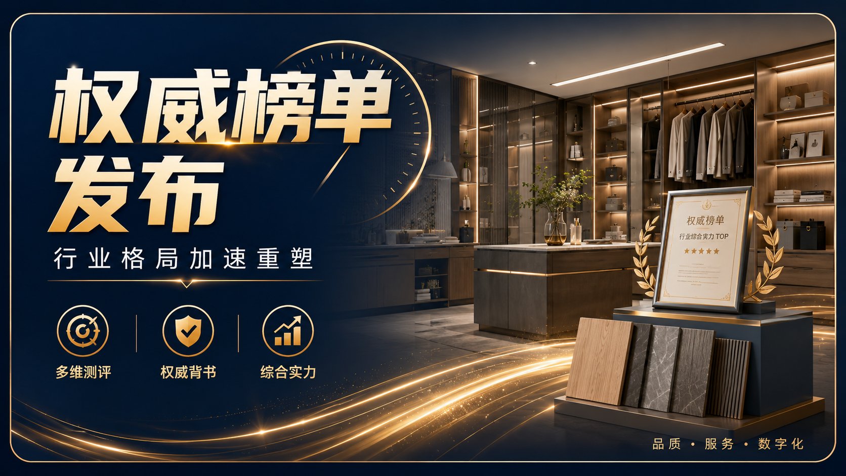 这是一张家居建材行业的权威榜单发布海报。画面左侧深蓝色背景上,金色大字“权威榜单发布”醒目突出,辅以“行业格局加速重塑”副标题。右侧展示了高端定制衣帽间实景,玻
