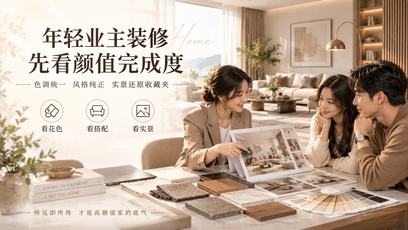 明亮温馨的家居设计咨询场景，专业设计师正向年轻业主展示全屋定制方案。桌面上摆放着丰富的石材、木饰面及布艺样板，配合色卡与设计图册，直观呈现材质细节。强调“所见即
