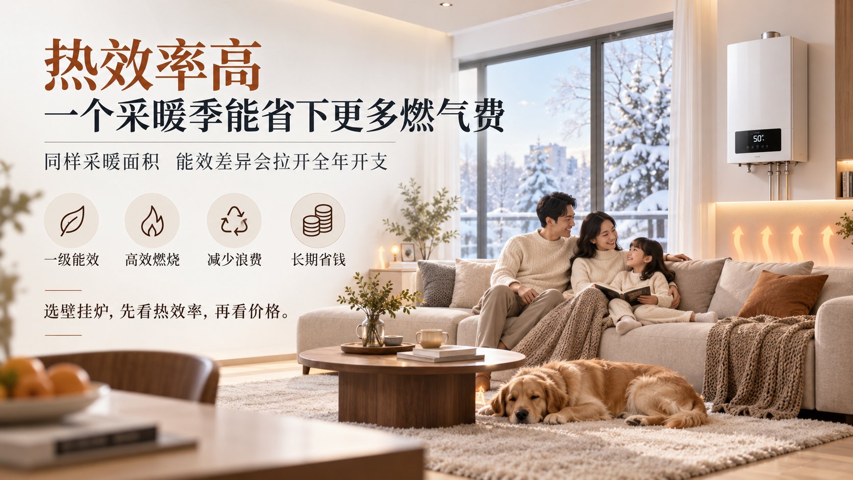 冬季雪景窗外的温馨客厅内,一家三口与金毛犬在米色布艺沙发上享受温暖时光。墙面安装白色智能壁挂炉,显示屏清晰显示50℃。画面左侧醒目展示“热效率高”大标题,强调一