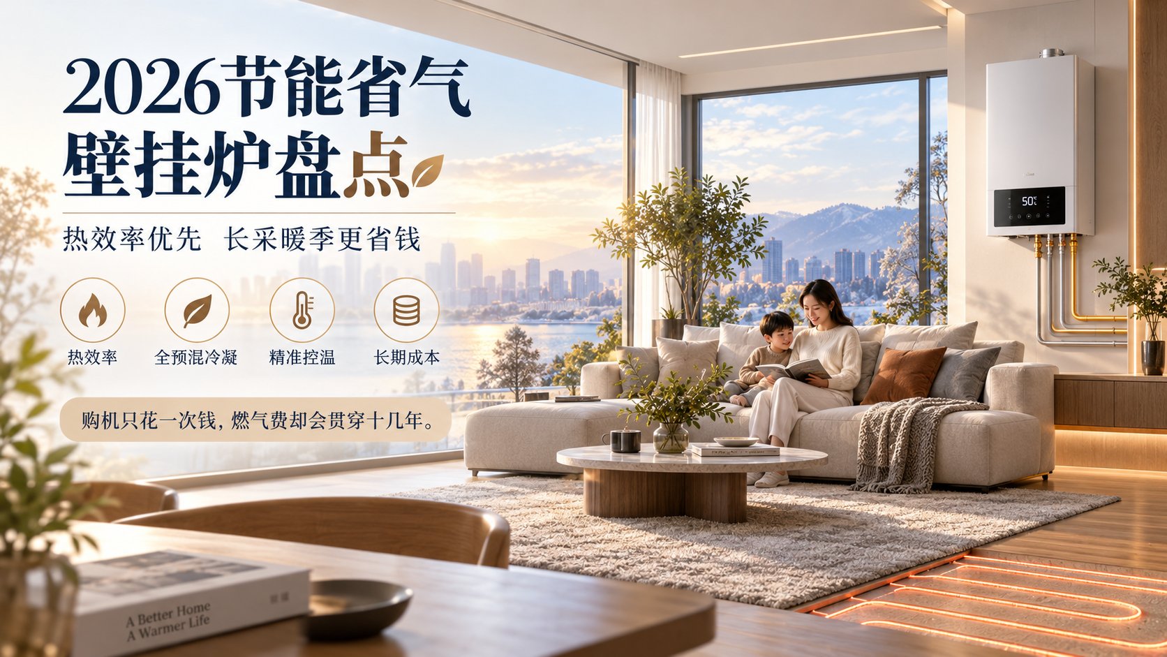 现代简约风格的客厅场景中,右侧墙面安装白色壁挂炉,屏幕显示50°C,下方可见地暖管路示意。母亲与孩子坐在米色布艺沙发上温馨阅读,落地窗外是城市江景。图片主打20
